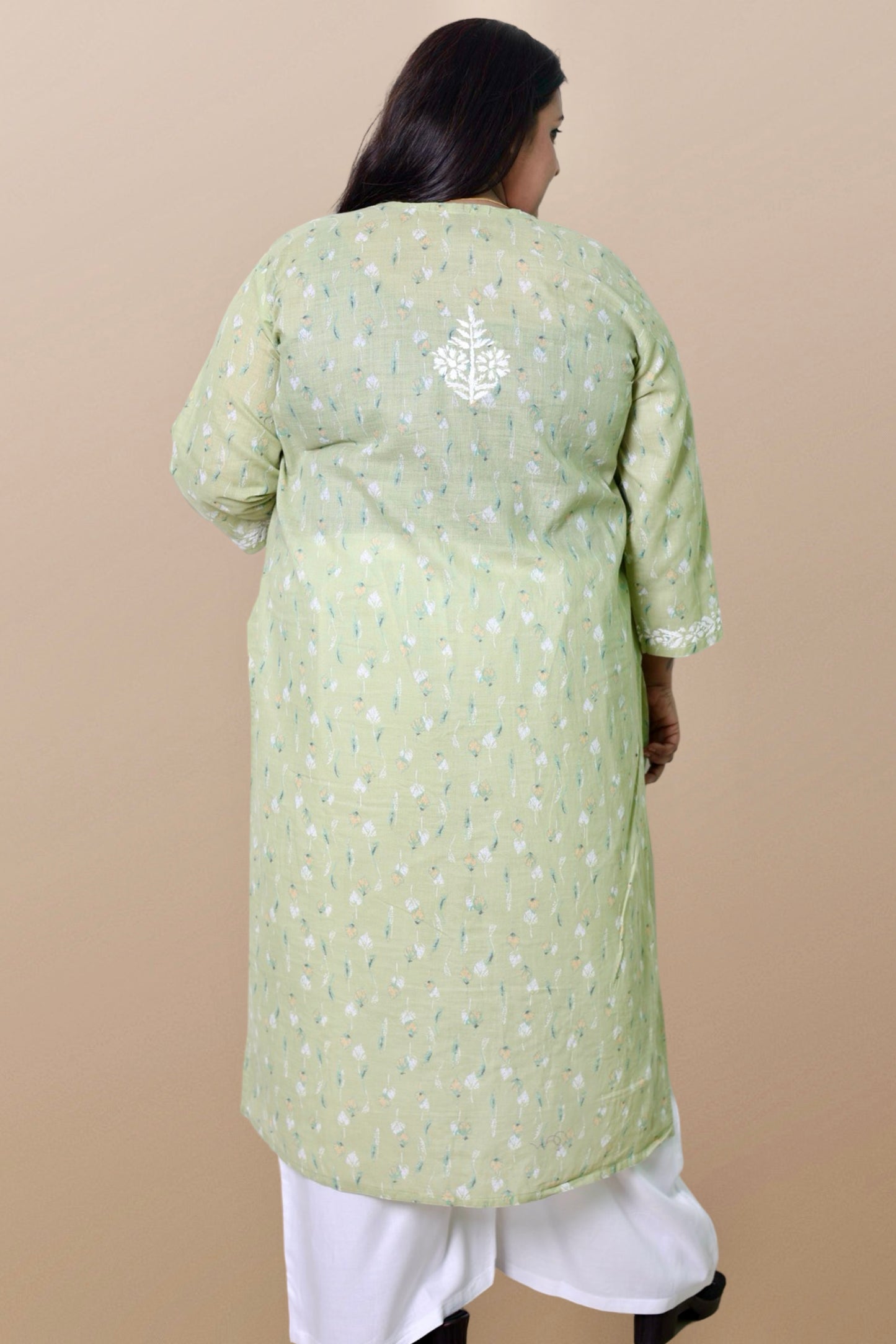 Plus Size Lucknowi Chikankari Hand Embroidered Floral Print Cotton Kurti for Women, Soft Material, 100% Hand Embroidered Sizes XS, S, M, L, XL, XXL, 3XL, 4XL, 5XL, 6XL, 7XL, 8XL, 9XL, 10XL, 11XL, 12XL
