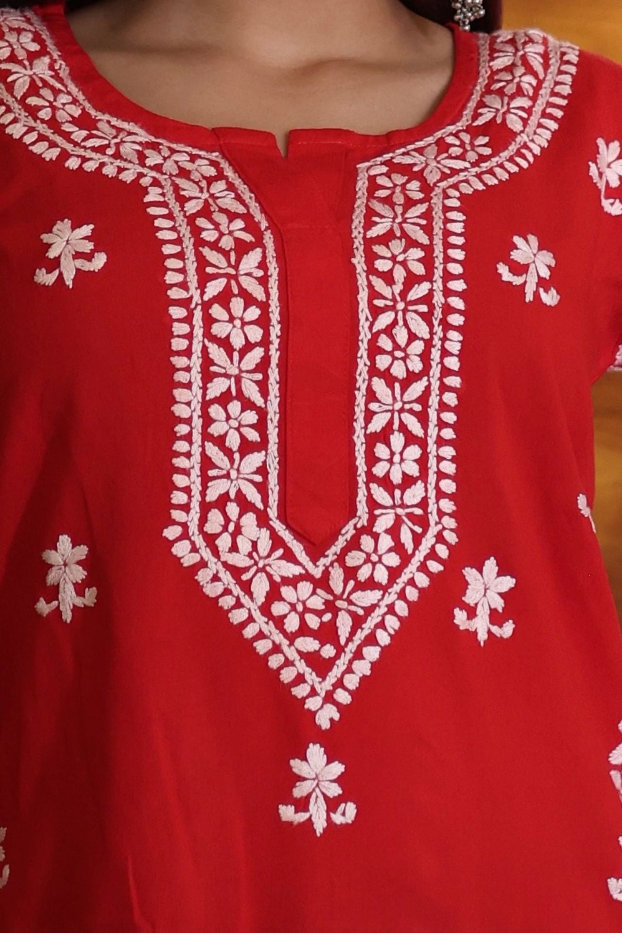 Lucknowi Chikankari Hand Embroidered Rayon Short Kurti / Top T-2 Red