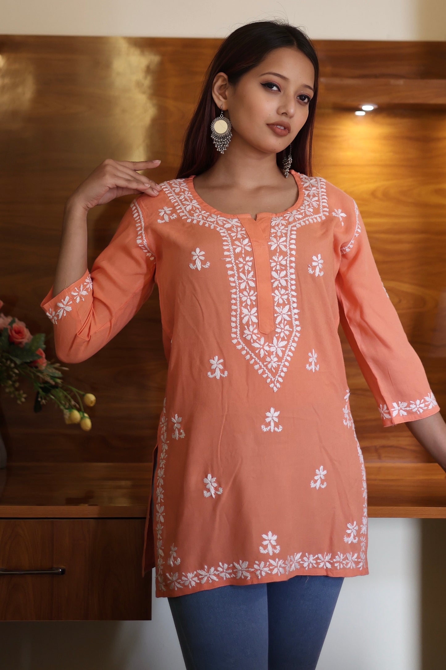 Lucknowi Chikankari Hand Embroidered Rayon Short Kurti / Top T-2 Orange