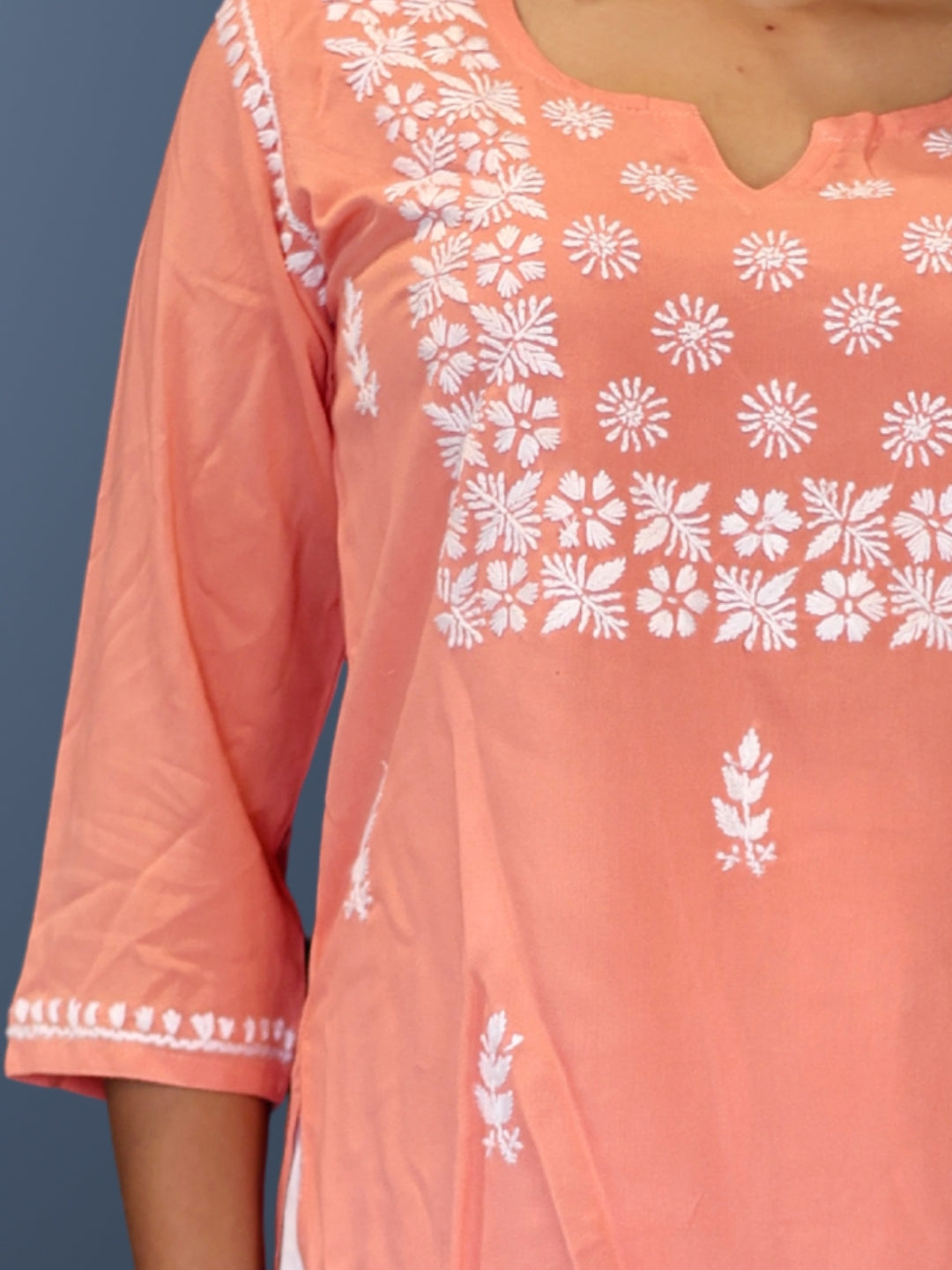 Lucknowi Chikankari Hand Embroidered Rayon Short Kurti / Top T-1 Gajri