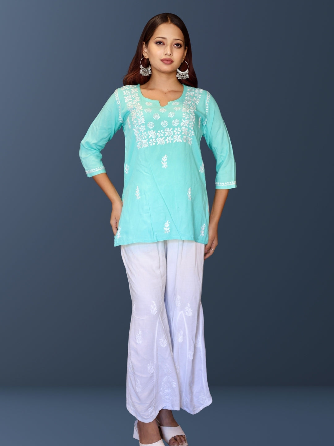 Lucknowi Chikankari Hand Embroidered Rayon Short Kurti / Top T-1 Green