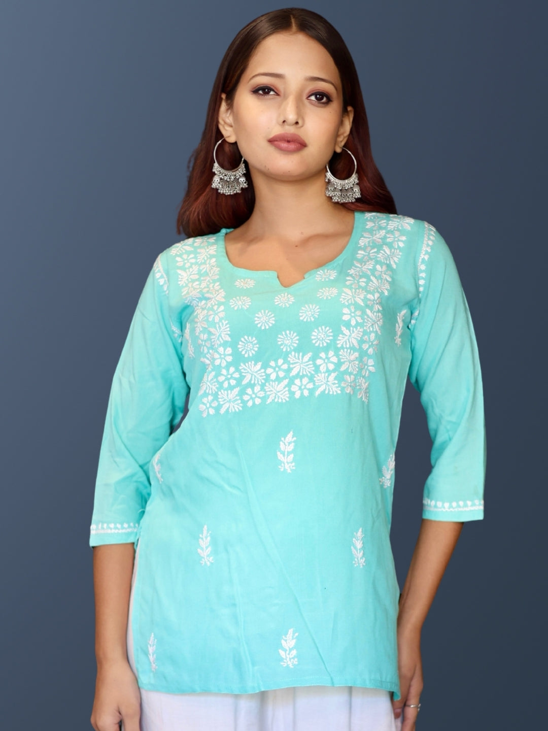 Lucknowi Chikankari Hand Embroidered Rayon Short Kurti / Top T-1 Green