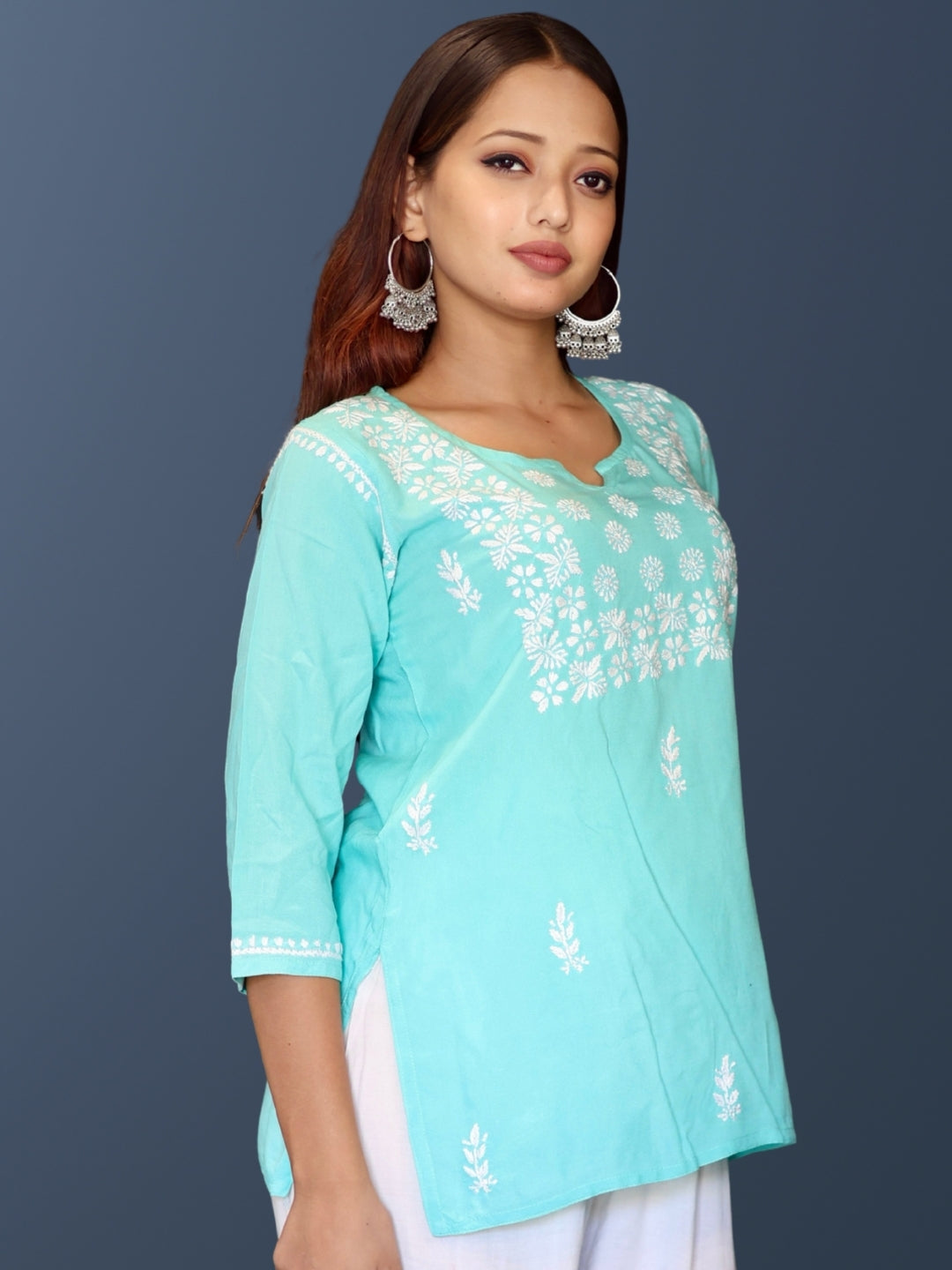 Lucknowi Chikankari Hand Embroidered Rayon Short Kurti / Top T-1 Green