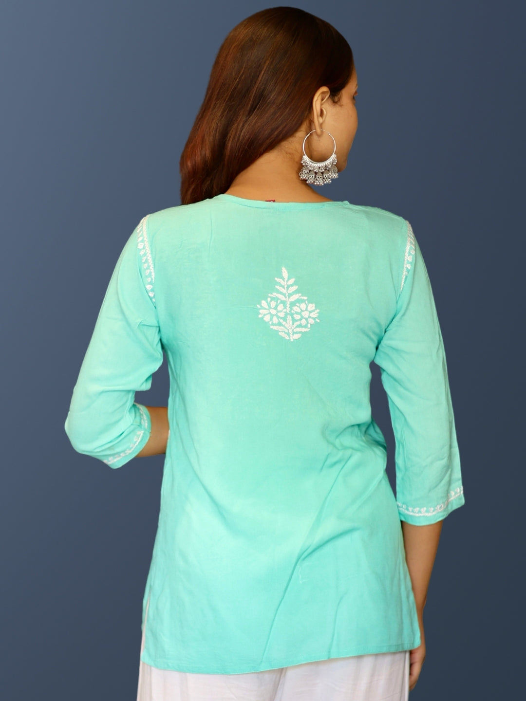 Lucknowi Chikankari Hand Embroidered Rayon Short Kurti / Top T-1 Green