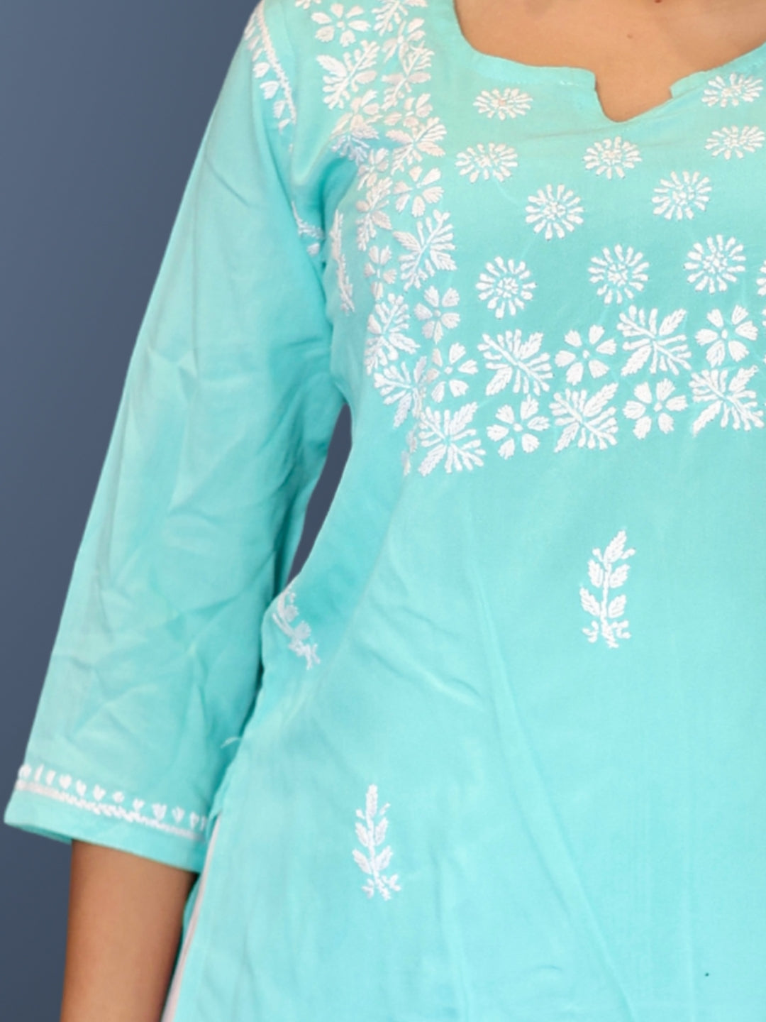 Lucknowi Chikankari Hand Embroidered Rayon Short Kurti / Top T-1 Green
