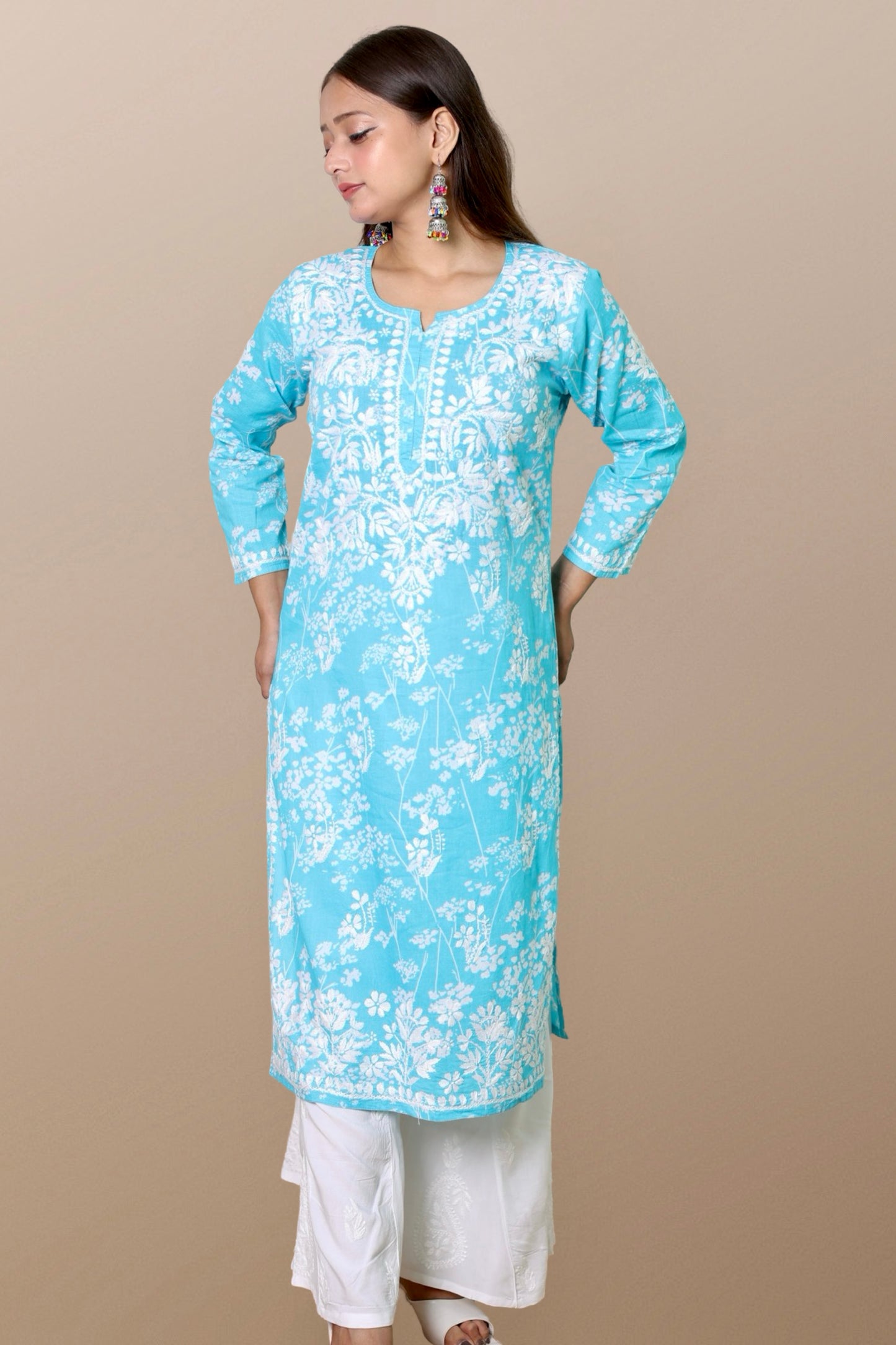 chikankari kurta women ethnic embroidered lucknowi chikan kurti festival daily wear girls handcrafted rayon fabric casual summer comfortable regular formal straight fit Lucknowi chicken ladies