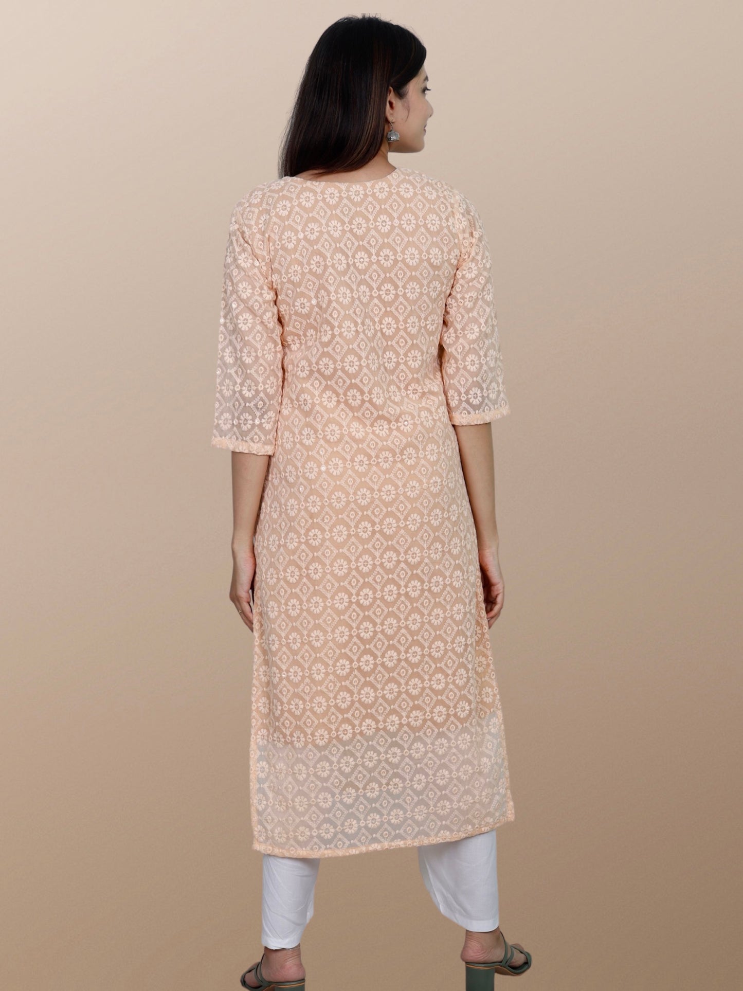 Plus Size Chikan Embroidery Kurta with Attached Slip Beige