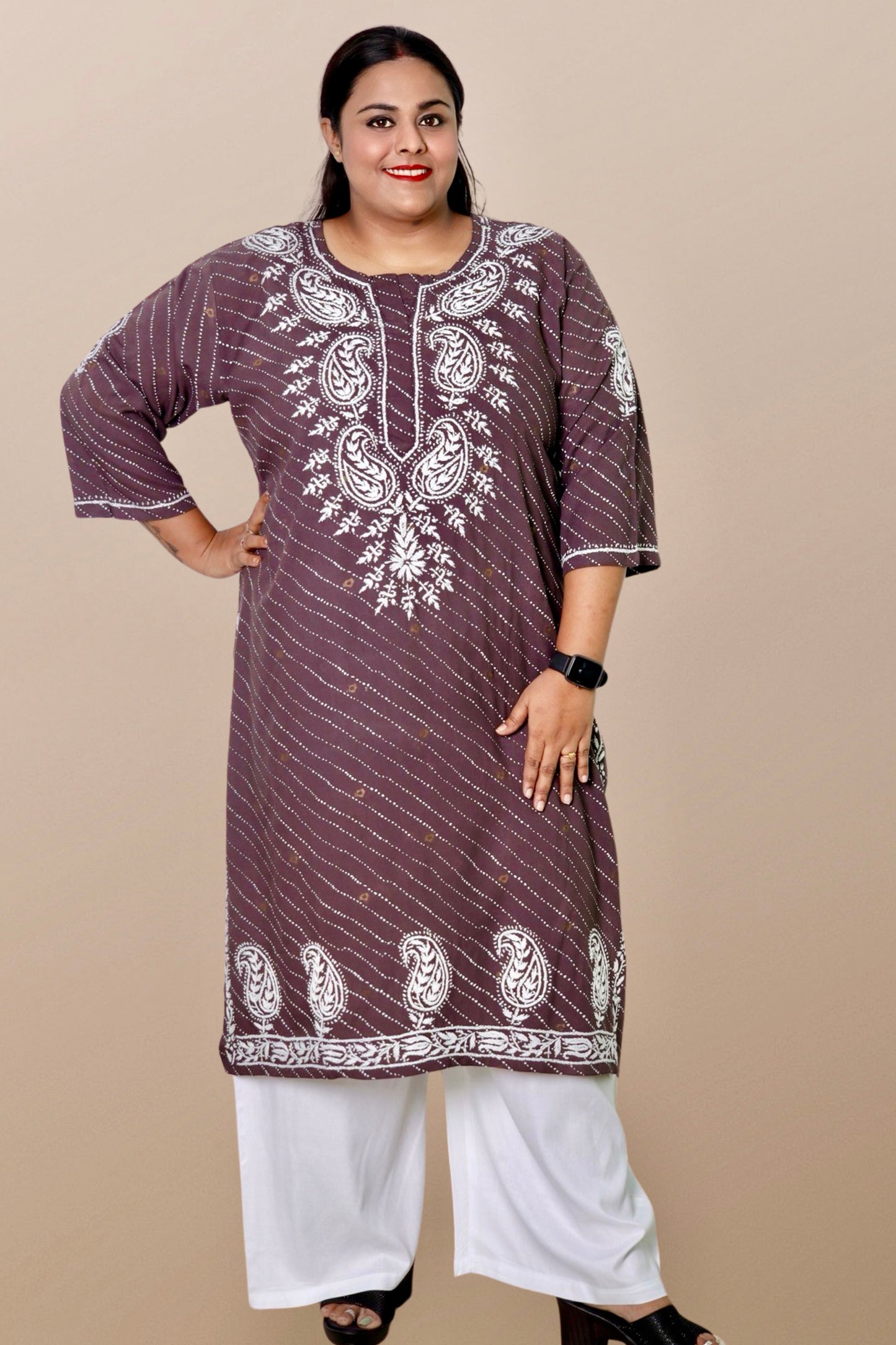 Plus Size Lucknowi Chikankari Hand Embroidered Printed Straight Kurta Kurti for Women