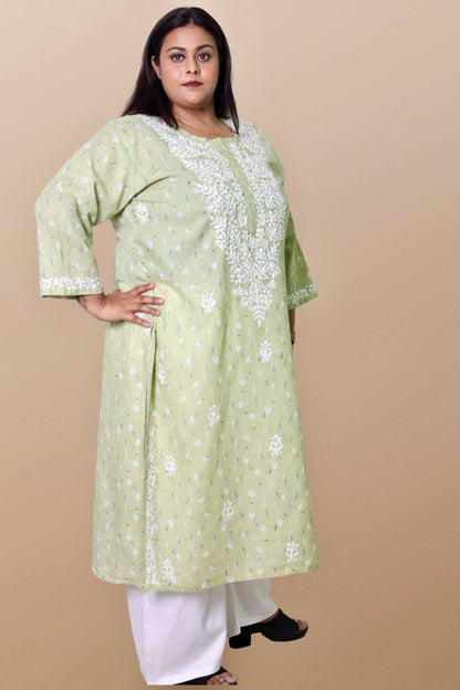 Plus Size Lucknowi Chikankari Hand Embroidered Floral Print Cotton Kurti for Women, Soft Material, 100% Hand Embroidered Sizes XS, S, M, L, XL, XXL, 3XL, 4XL, 5XL, 6XL, 7XL, 8XL, 9XL, 10XL, 11XL, 12XL
