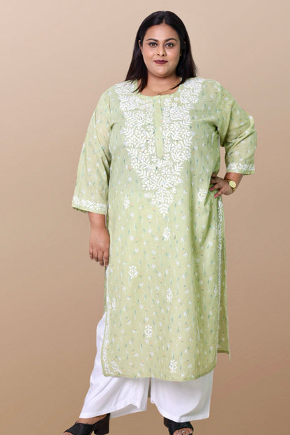 Plus Size Lucknowi Chikankari Hand Embroidered Floral Print Cotton Kurti for Women, Soft Material, 100% Hand Embroidered Sizes XS, S, M, L, XL, XXL, 3XL, 4XL, 5XL, 6XL, 7XL, 8XL, 9XL, 10XL, 11XL, 12XL
