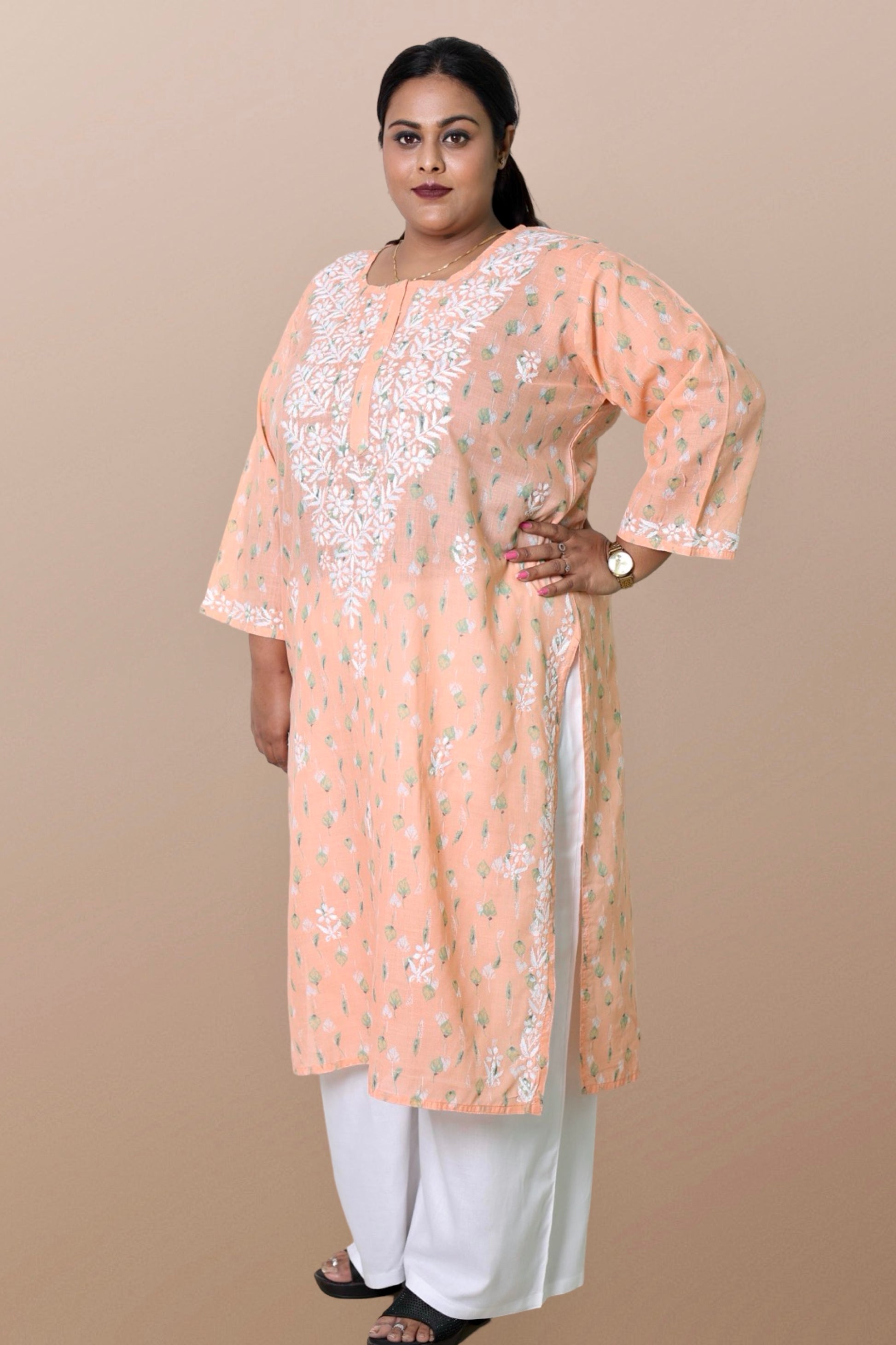 Plus Size Lucknowi Chikankari Hand Embroidered Floral Print Cotton Kurti for Women, Soft Material, 100% Hand Embroidered Sizes XS, S, M, L, XL, XXL, 3XL, 4XL, 5XL, 6XL, 7XL, 8XL, 9XL, 10XL, 11XL, 12XL
