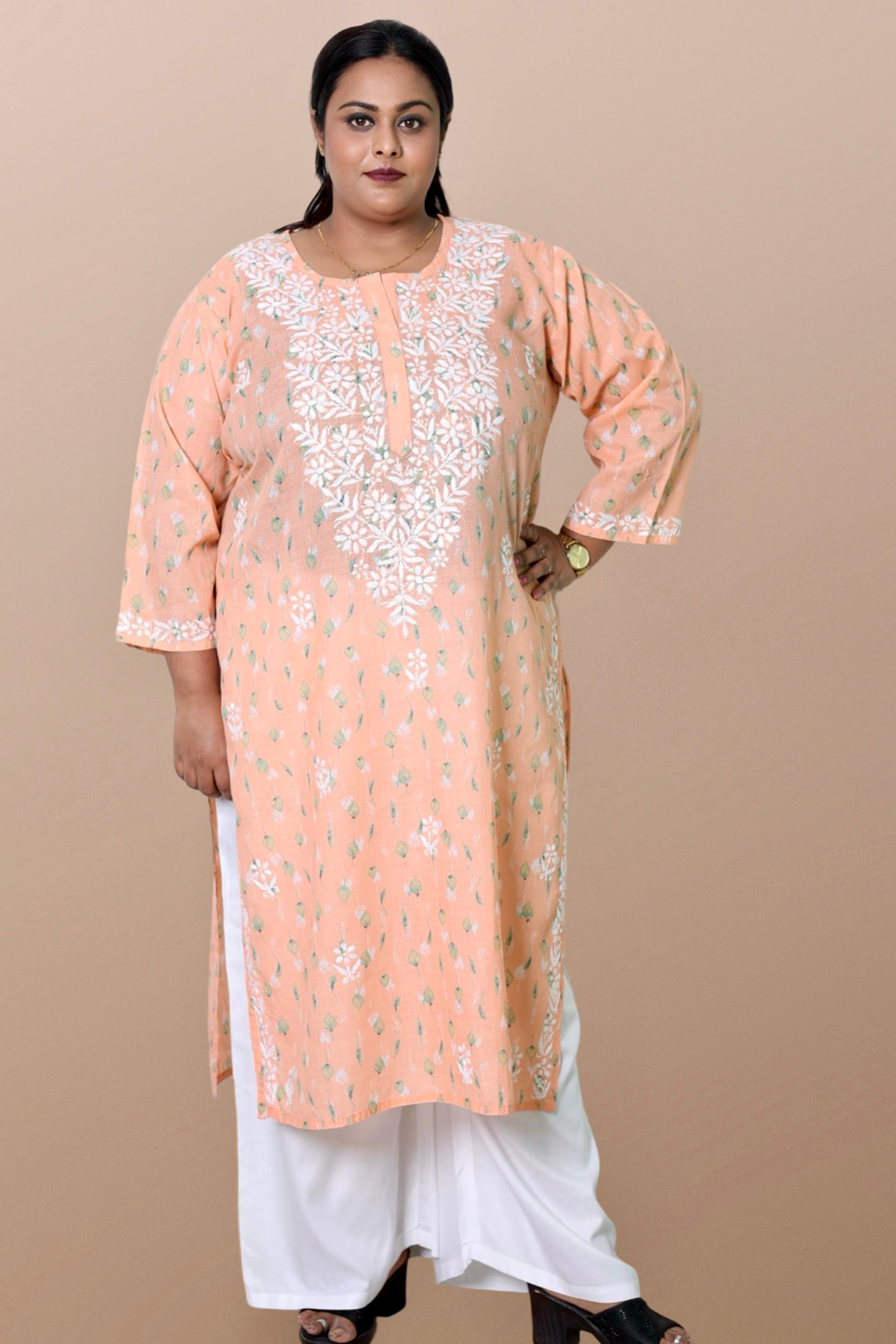 Plus Size Lucknowi Chikankari Hand Embroidered Floral Print Cotton Kurti for Women, Soft Material, 100% Hand Embroidered Sizes XS, S, M, L, XL, XXL, 3XL, 4XL, 5XL, 6XL, 7XL, 8XL, 9XL, 10XL, 11XL, 12XL
