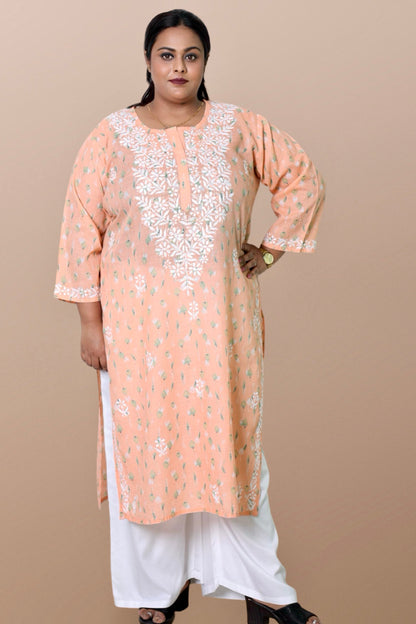 Plus Size Lucknowi Chikankari Hand Embroidered Floral Print Cotton Kurti for Women, Soft Material, 100% Hand Embroidered Sizes XS, S, M, L, XL, XXL, 3XL, 4XL, 5XL, 6XL, 7XL, 8XL, 9XL, 10XL, 11XL, 12XL
