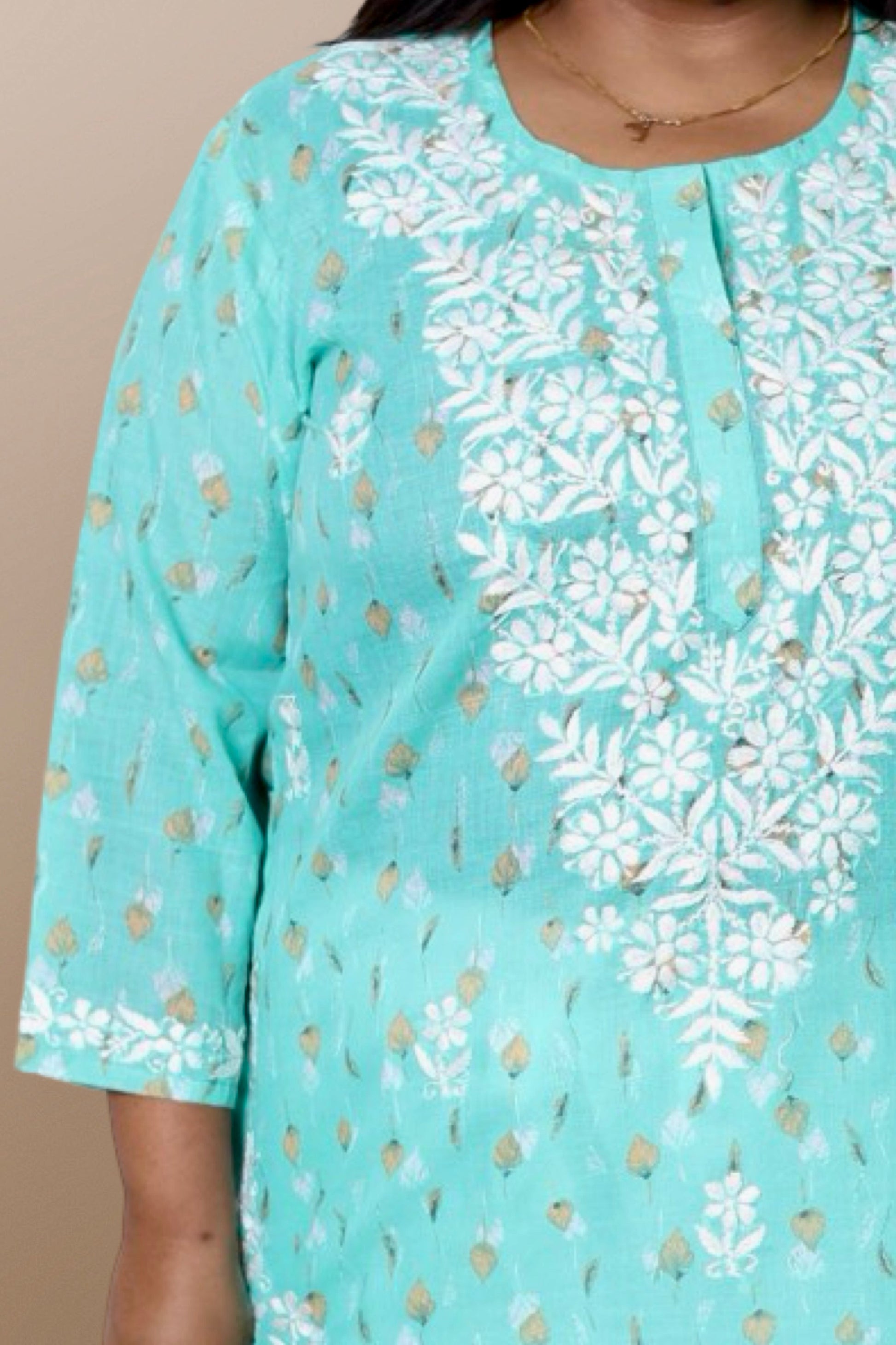 Plus Size Lucknowi Chikankari Hand Embroidered Floral Print Cotton Kurti for Women, Soft Material, 100% Hand Embroidered Sizes XS, S, M, L, XL, XXL, 3XL, 4XL, 5XL, 6XL, 7XL, 8XL, 9XL, 10XL, 11XL, 12XL
