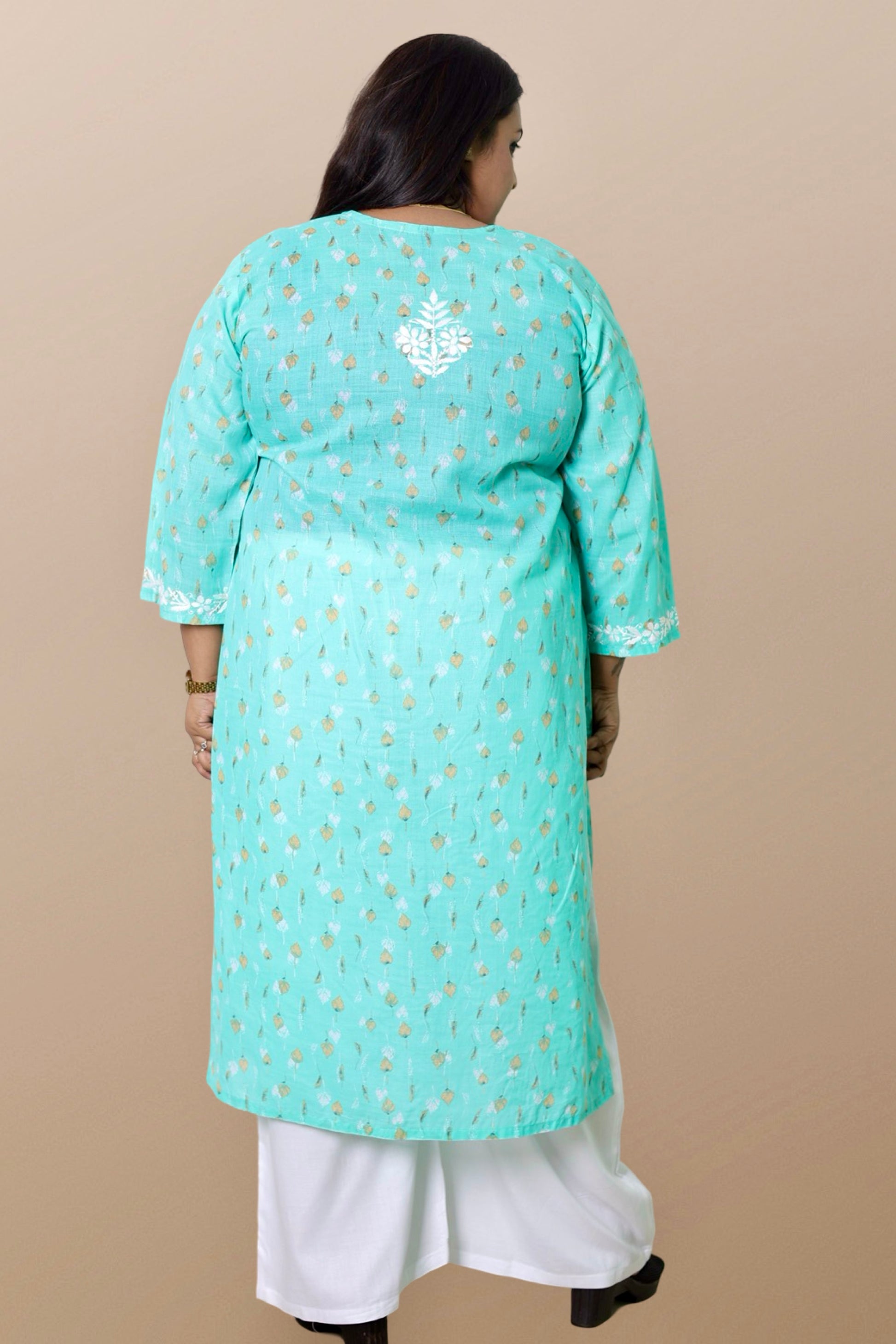 Plus Size Lucknowi Chikankari Hand Embroidered Floral Print Cotton Kurti for Women, Soft Material, 100% Hand Embroidered Sizes XS, S, M, L, XL, XXL, 3XL, 4XL, 5XL, 6XL, 7XL, 8XL, 9XL, 10XL, 11XL, 12XL

