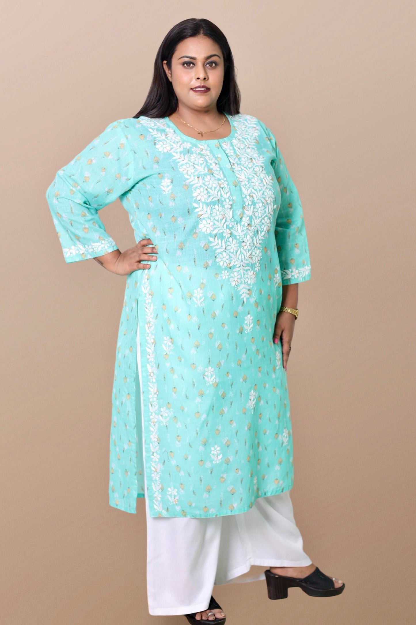 Plus Size Lucknowi Chikankari Hand Embroidered Floral Print Cotton Kurti for Women, Soft Material, 100% Hand Embroidered Sizes XS, S, M, L, XL, XXL, 3XL, 4XL, 5XL, 6XL, 7XL, 8XL, 9XL, 10XL, 11XL, 12XL
