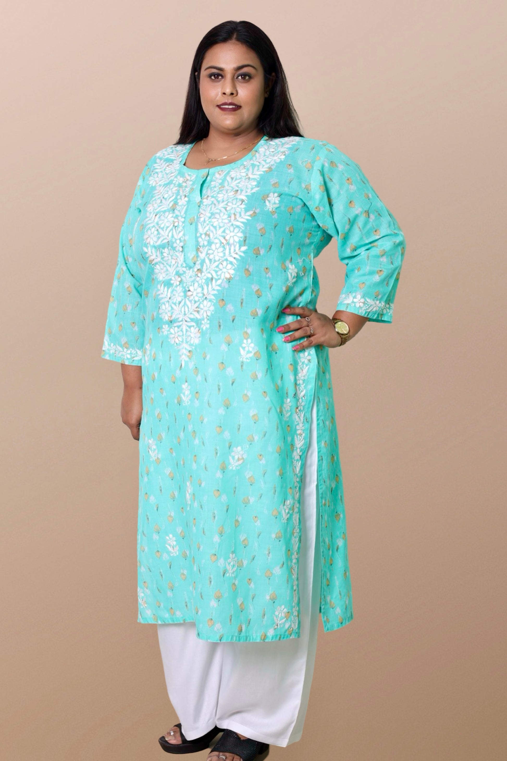 Plus Size Lucknowi Chikankari Hand Embroidered Floral Print Cotton Kurti for Women, Soft Material, 100% Hand Embroidered Sizes XS, S, M, L, XL, XXL, 3XL, 4XL, 5XL, 6XL, 7XL, 8XL, 9XL, 10XL, 11XL, 12XL
