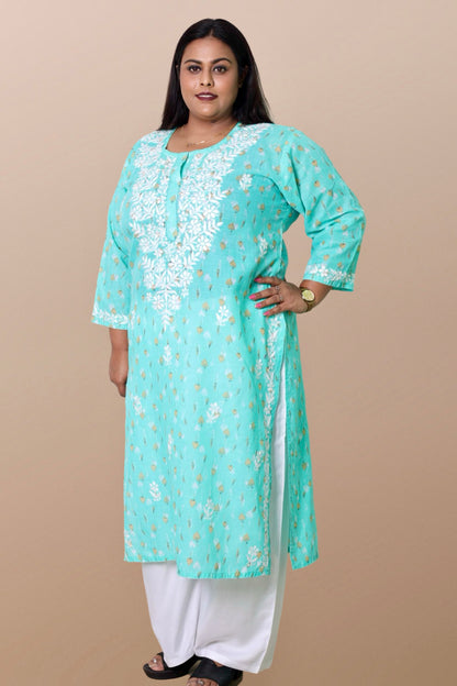 Plus Size Lucknowi Chikankari Hand Embroidered Floral Print Cotton Kurti for Women, Soft Material, 100% Hand Embroidered Sizes XS, S, M, L, XL, XXL, 3XL, 4XL, 5XL, 6XL, 7XL, 8XL, 9XL, 10XL, 11XL, 12XL
