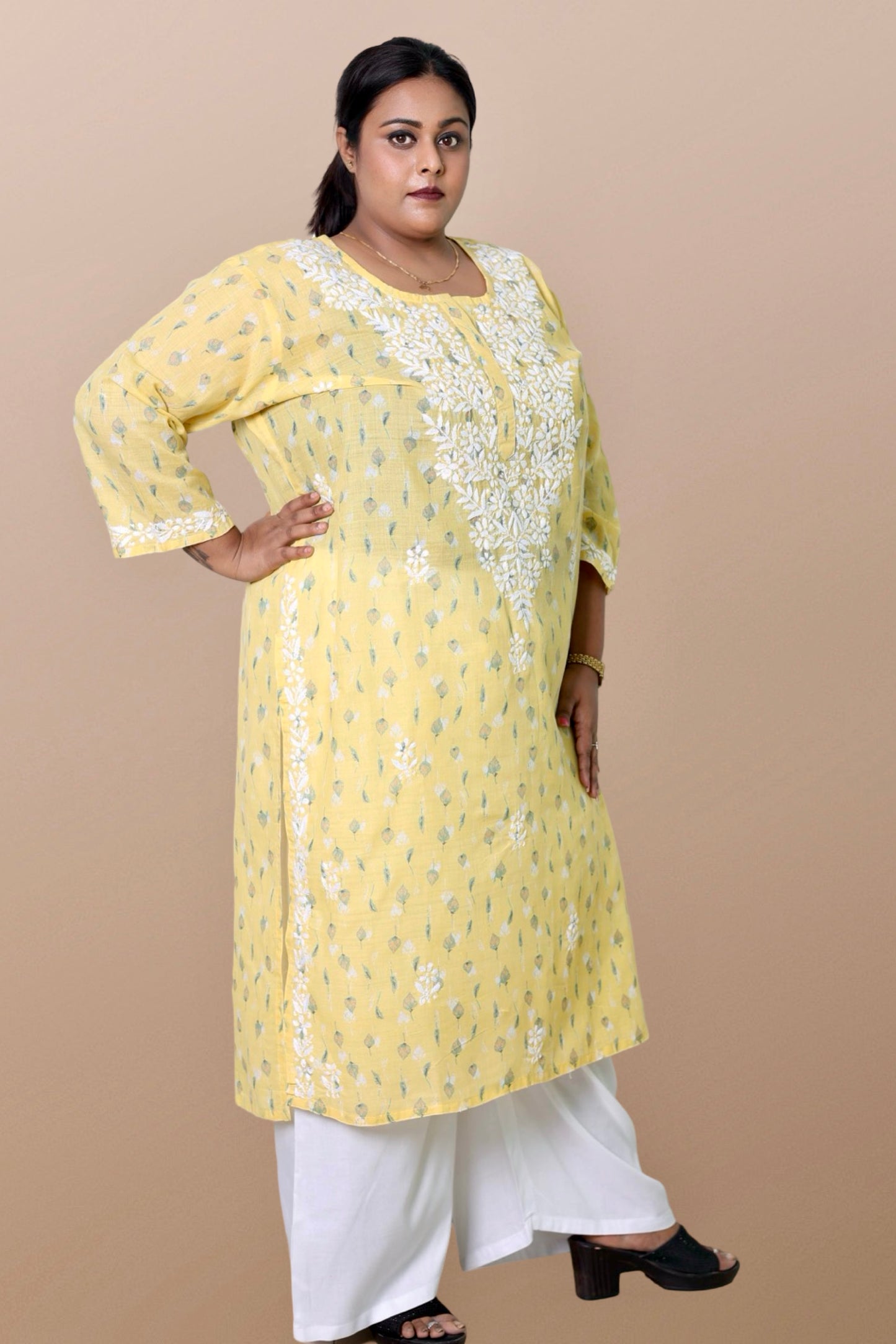 Plus Size Lucknowi Chikankari Hand Embroidered Floral Print Cotton Kurti for Women, Soft Material, 100% Hand Embroidered Sizes XS, S, M, L, XL, XXL, 3XL, 4XL, 5XL, 6XL, 7XL, 8XL, 9XL, 10XL, 11XL, 12XL
