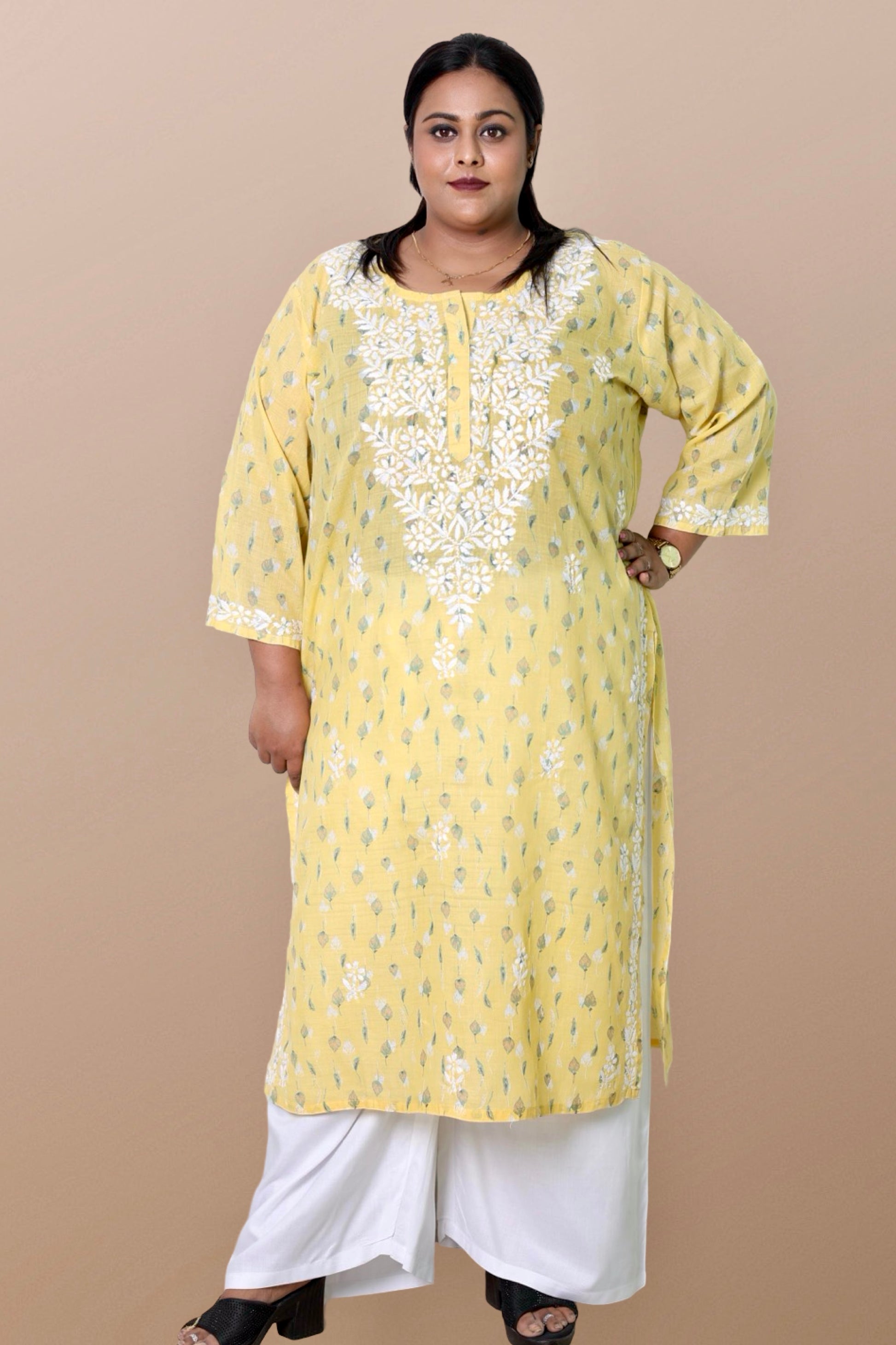 Plus Size Lucknowi Chikankari Hand Embroidered Floral Print Cotton Kurti for Women, Soft Material, 100% Hand Embroidered Sizes XS, S, M, L, XL, XXL, 3XL, 4XL, 5XL, 6XL, 7XL, 8XL, 9XL, 10XL, 11XL, 12XL
