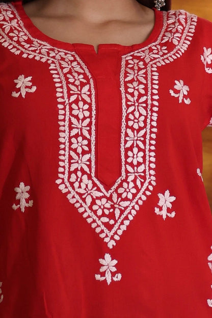 Lucknowi Chikankari Hand Embroidered Rayon Short Kurti / Top T-2 Red