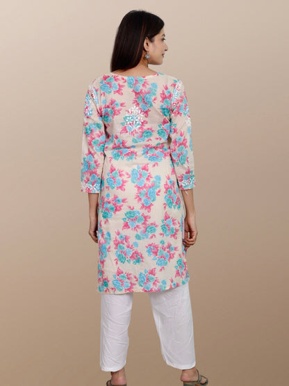 Printed Muslin Handmade Chikankari Straight Kurti