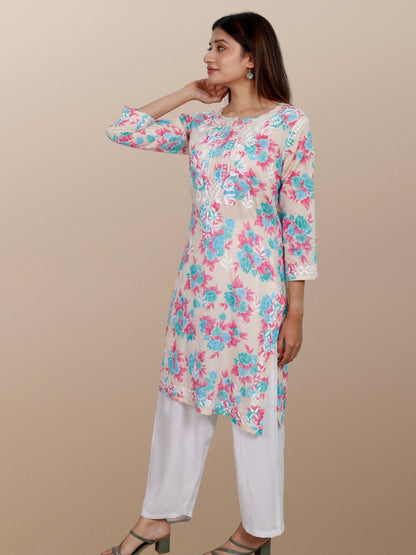 Printed Muslin Handmade Chikankari Straight Kurti