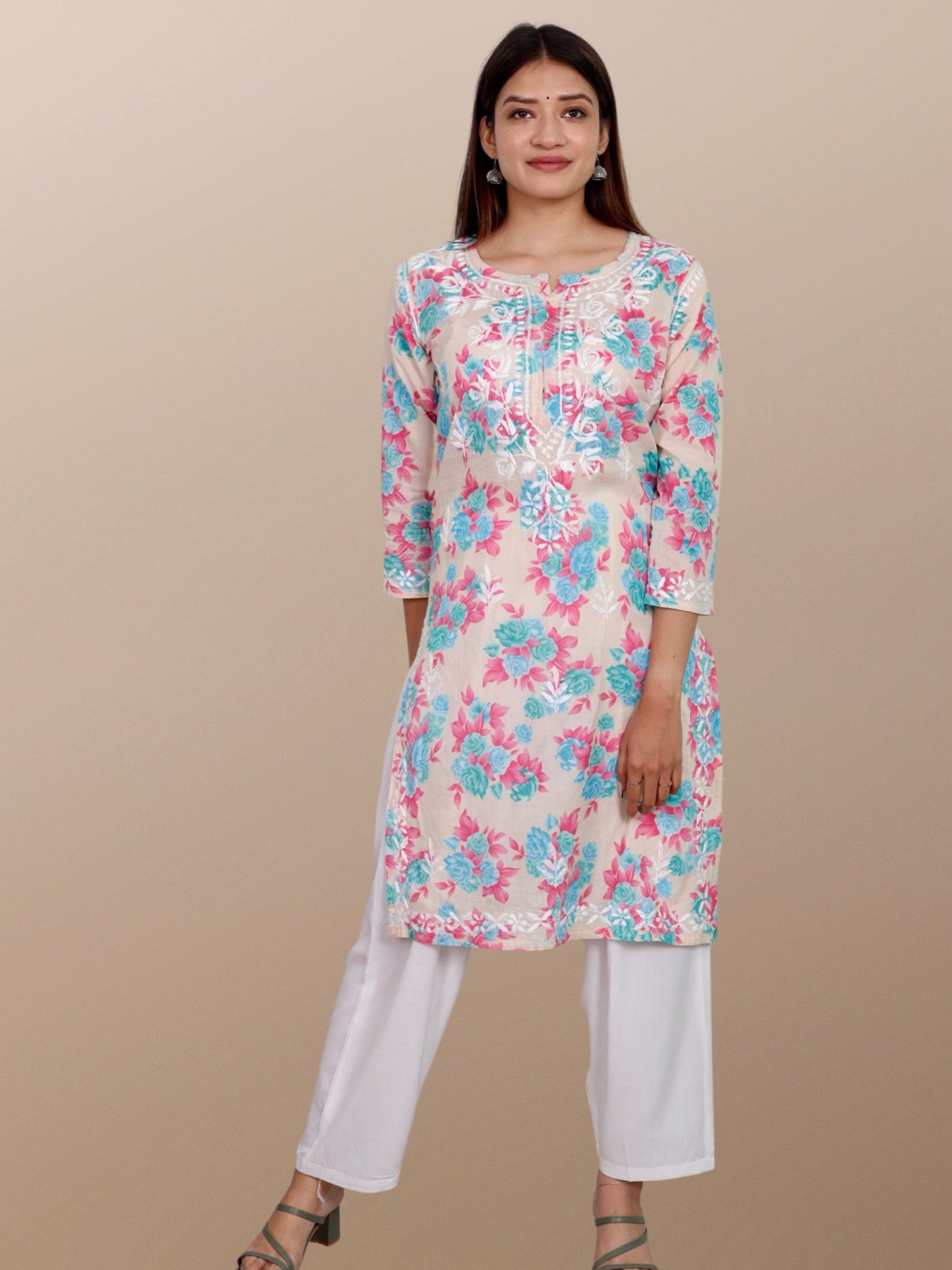 Printed Muslin Handmade Chikankari Straight Kurti