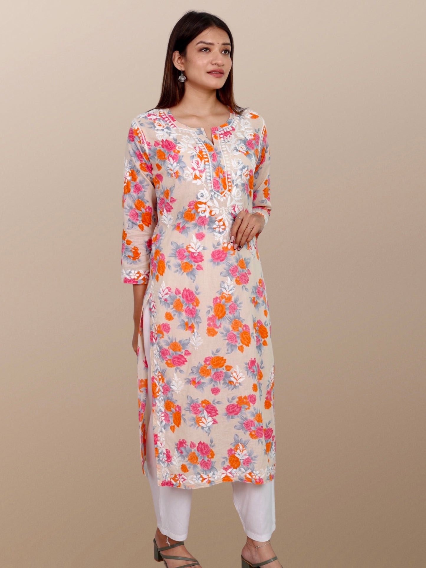 Printed Muslin Handmade Chikankari Straight Kurti