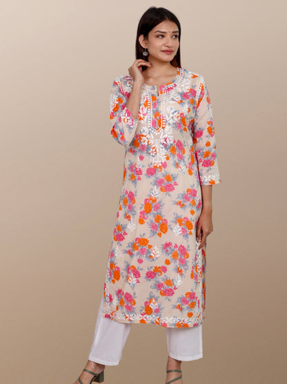 Printed Muslin Handmade Chikankari Straight Kurti