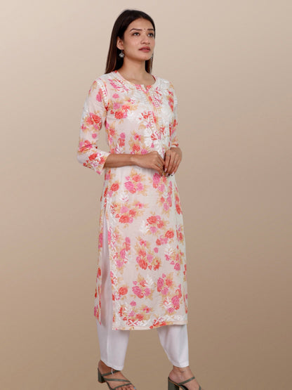 Printed Muslin Handmade Chikankari Straight Kurti