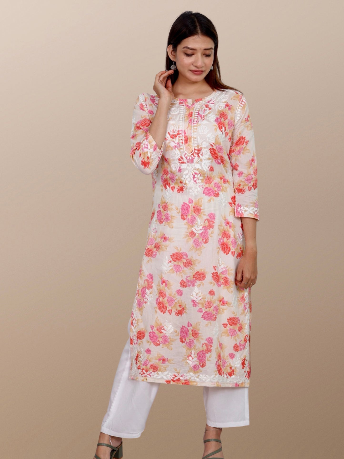 Printed Muslin Handmade Chikankari Straight Kurti