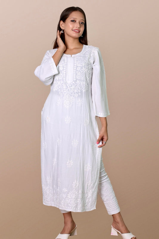 chikankari kurta women ethnic embroidered lucknowi chikan kurti festival daily wear girls handcrafted rayon fabric casual summer comfortable regular formal straight fit Lucknowi chicken ladies