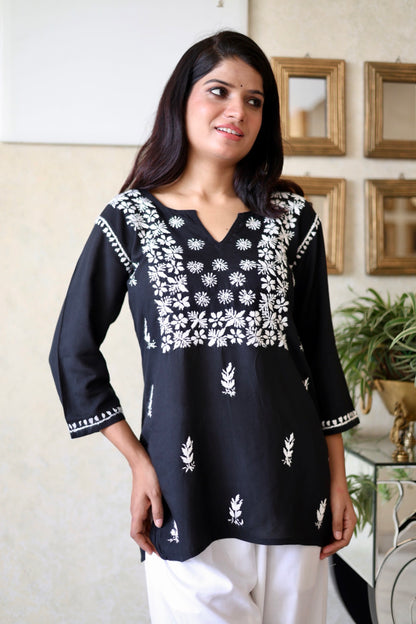 Lucknowi Chikankari Hand Embroidered Rayon Short Kurti / Top T-1 Black