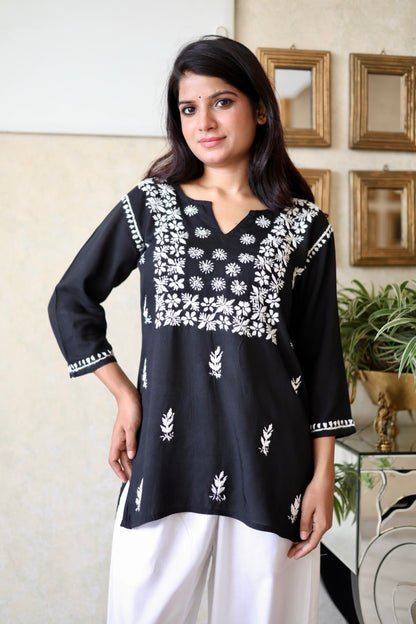 Lucknowi Chikankari Hand Embroidered Rayon Short Kurti / Top T-1 Black