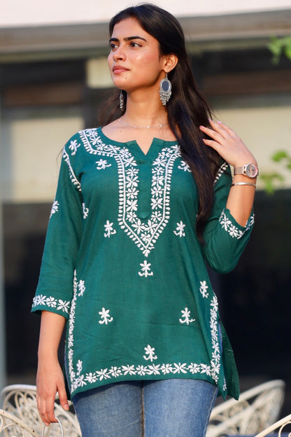 Lucknowi Chikankari Hand Embroidered Rayon Short Kurti / Top T-2 Green