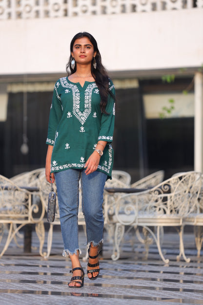 Lucknowi Chikankari Hand Embroidered Rayon Short Kurti / Top T-2 Green