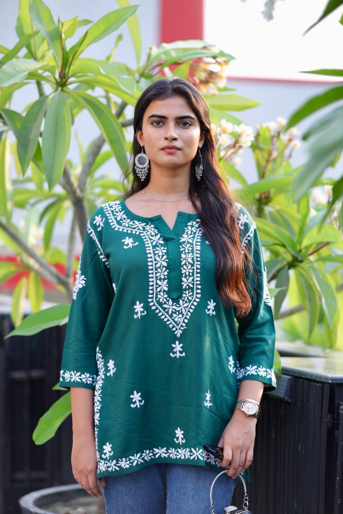 Lucknowi Chikankari Hand Embroidered Rayon Short Kurti / Top T-2 Green