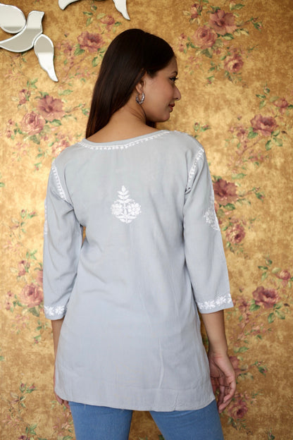 Lucknowi Chikankari Hand Embroidered Rayon Short Kurti / Top T-2 Grey