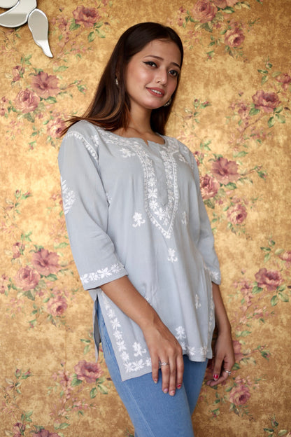 Lucknowi Chikankari Hand Embroidered Rayon Short Kurti / Top T-2 Grey