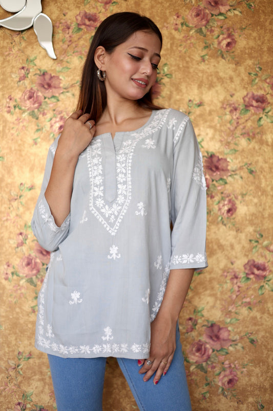 Lucknowi Chikankari Hand Embroidered Rayon Short Kurti / Top T-2 Grey