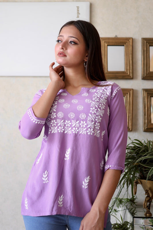 premium Lucknowi Chikankari Hand Embroidered Rayon Short Kurti / Top