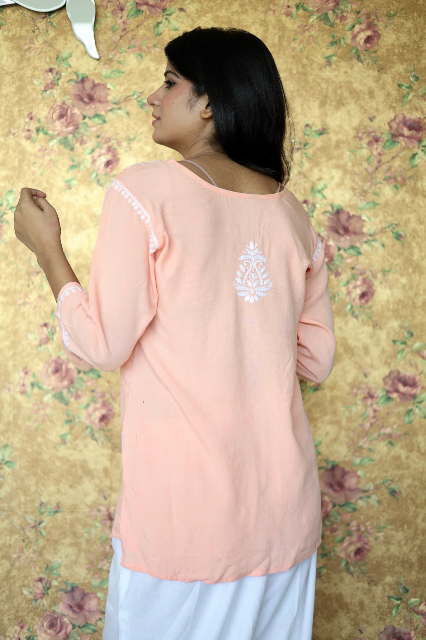 Lucknowi Chikankari Hand Embroidered Rayon Short Kurti / Top T-1 Peach