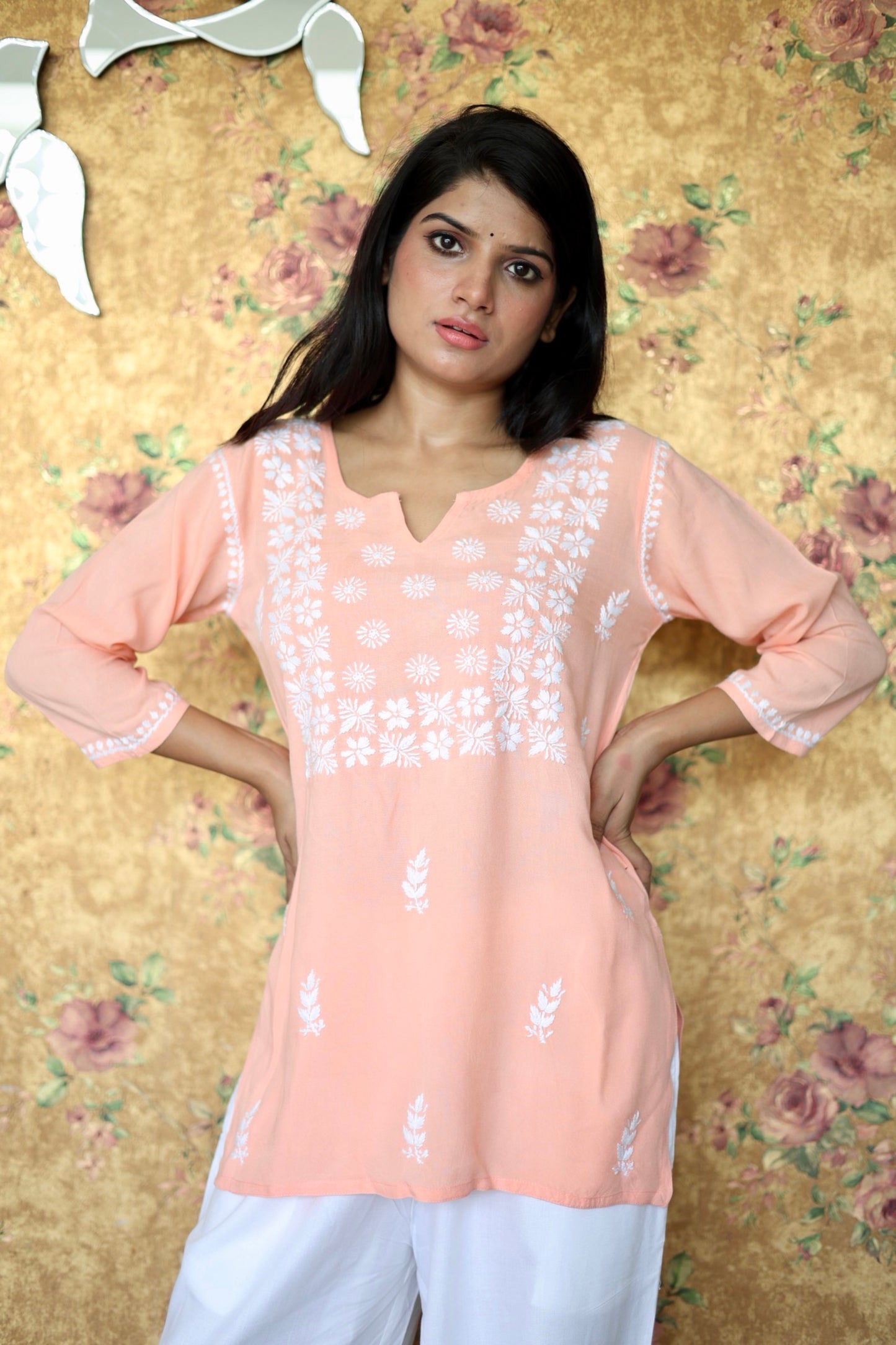 premium Lucknowi Chikankari Hand Embroidered Rayon Short Kurti / Top