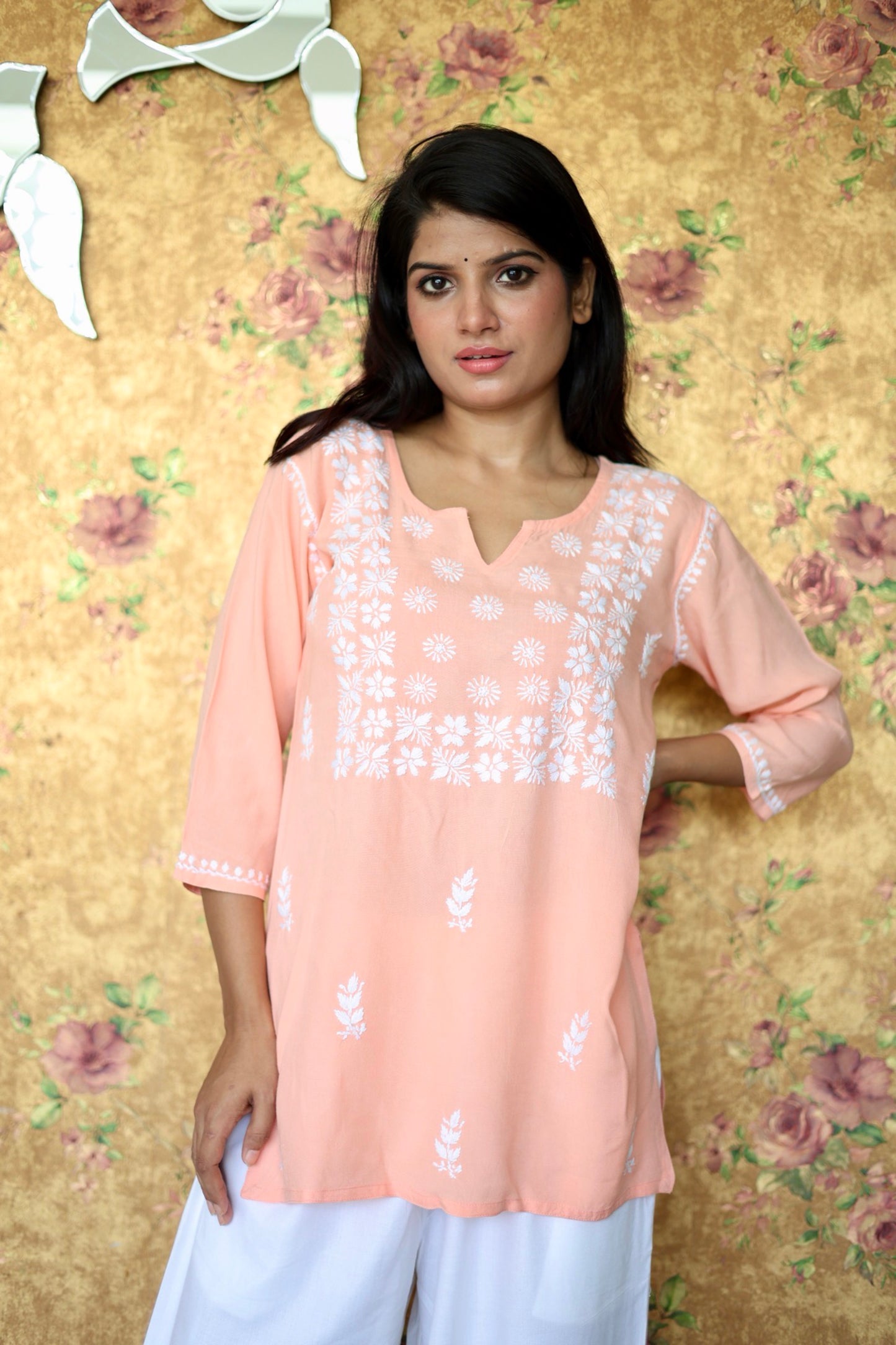 premium Lucknowi Chikankari Hand Embroidered Rayon Short Kurti / Top