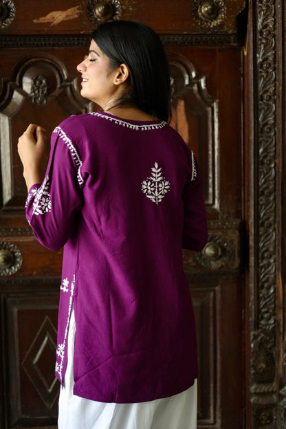 Lucknowi Chikankari Hand Embroidered Rayon Short Kurti / Top T-2 Purple