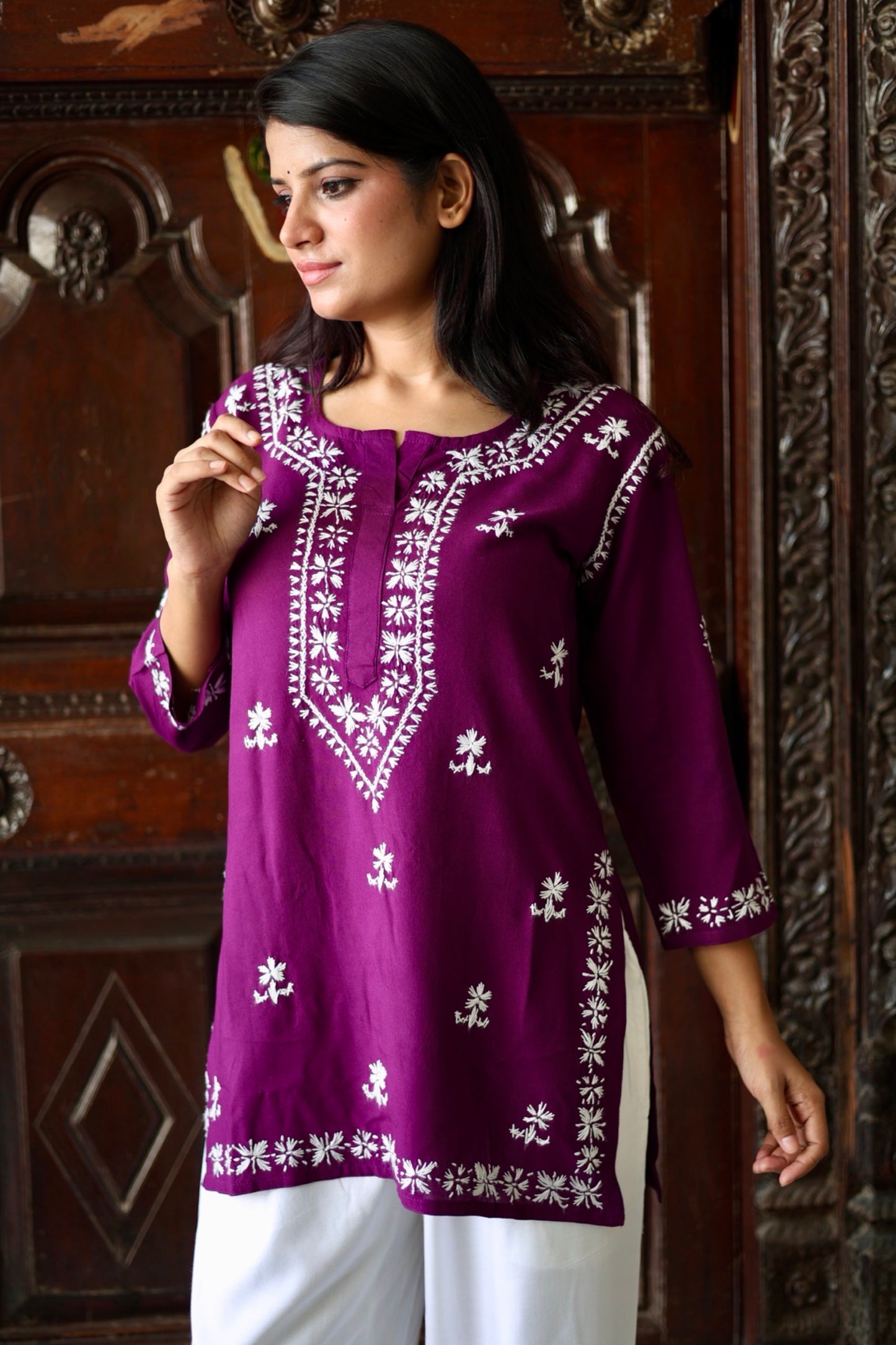 Lucknowi Chikankari Hand Embroidered Rayon Short Kurti / Top T-2 Purple