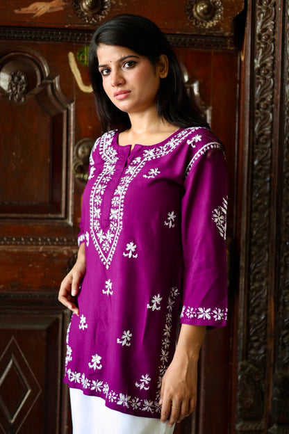 Lucknowi Chikankari Hand Embroidered Rayon Short Kurti / Top T-2 Purple