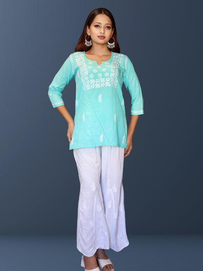 Lucknowi Chikankari Hand Embroidered Rayon Short Kurti / Top T-1 Green
