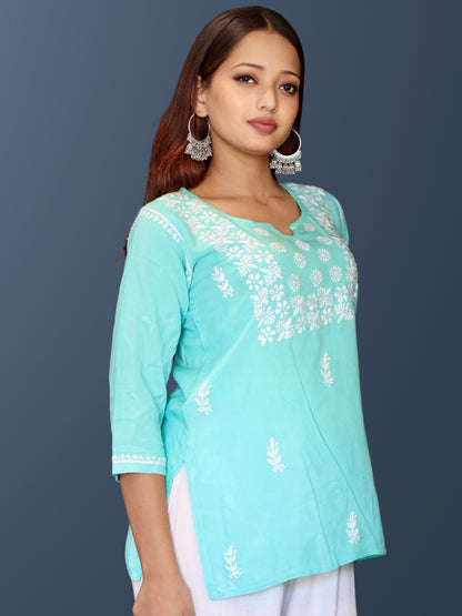 Lucknowi Chikankari Hand Embroidered Rayon Short Kurti / Top T-1 Green
